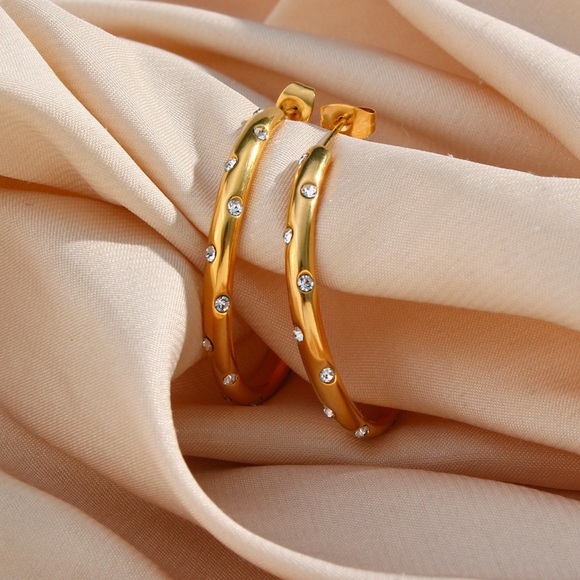 18k Gold Stainless Steel Anti-Tarnish Luxury Hoop Earrings w/ CZ Crystal Inlay - Picture 10 of 14